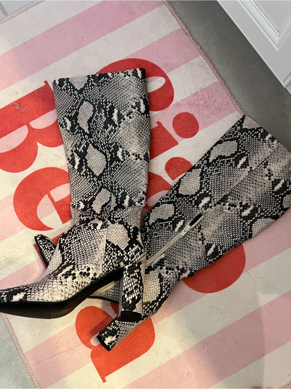 Brand New Snake Print Knee-High Block Heel Boots - Black & White